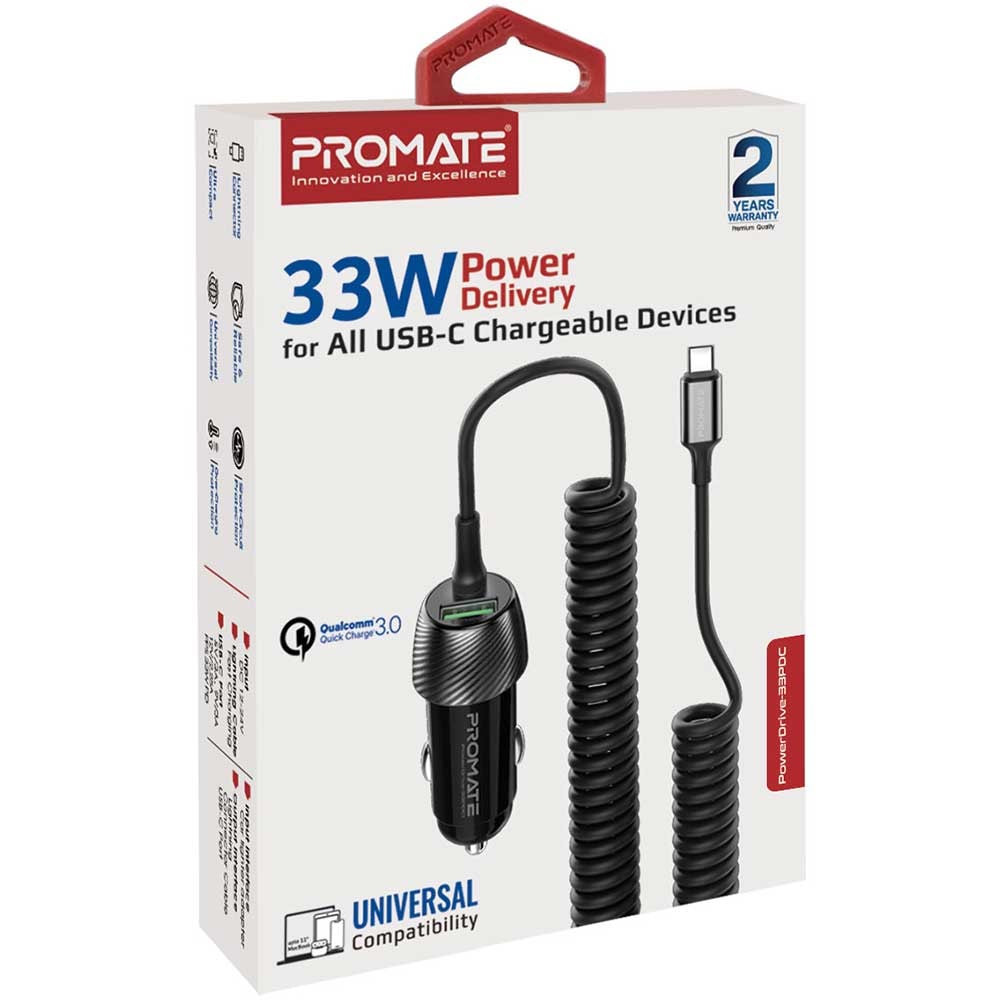 Incarcator auto PROMATE PowerDrive-33PDC, 1xUSB-A, 1xUSB-C Power Delivery 33W, negru