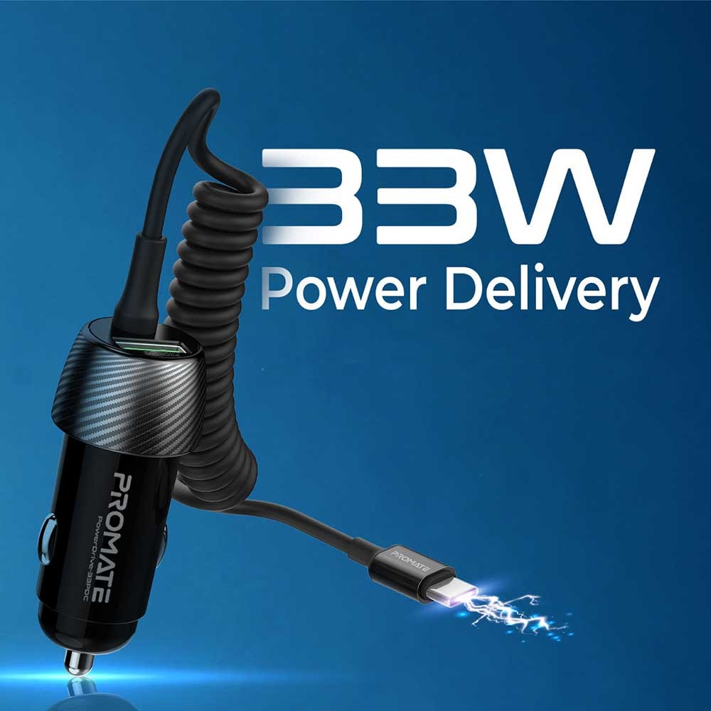 Incarcator auto PROMATE PowerDrive-33PDC, 1xUSB-A, 1xUSB-C Power Delivery 33W, negru