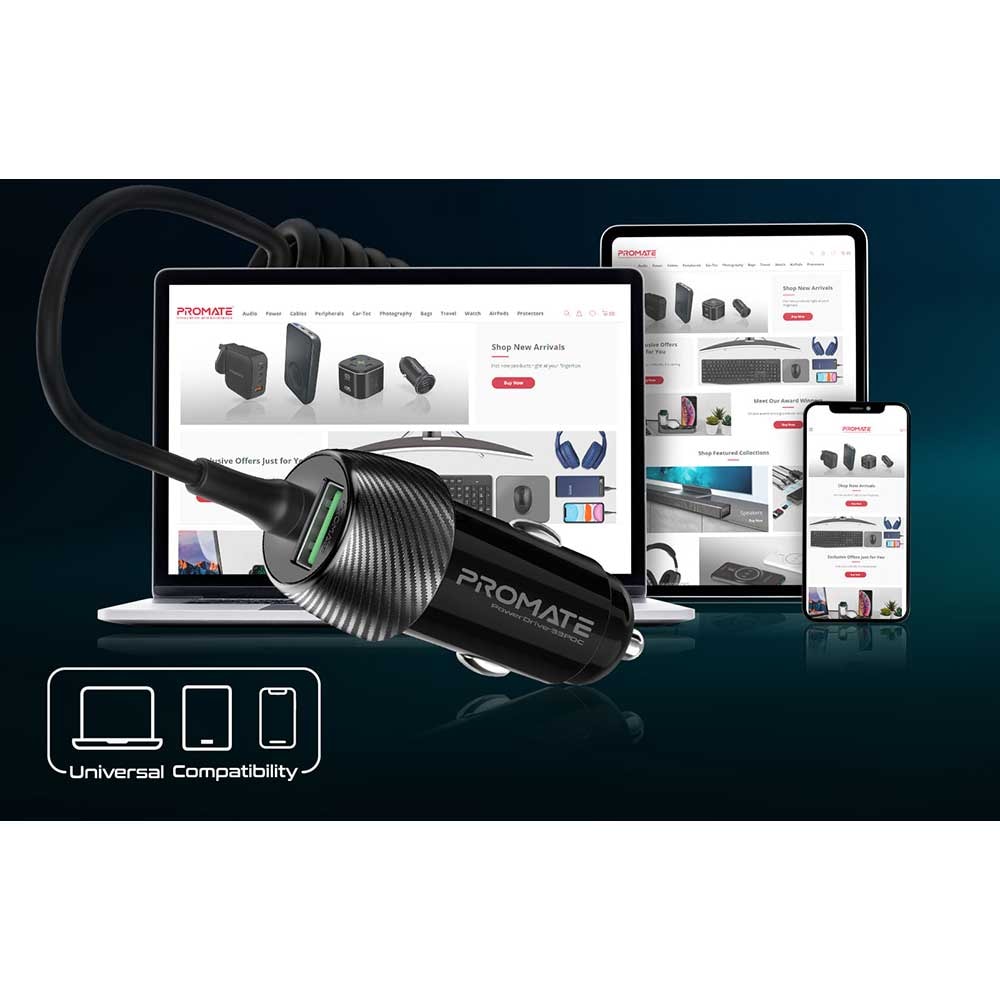 Incarcator auto PROMATE PowerDrive-33PDC, 1xUSB-A, 1xUSB-C Power Delivery 33W, negru