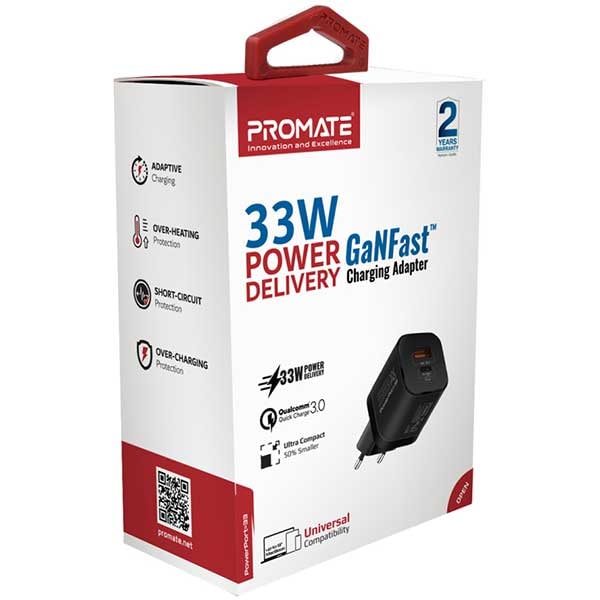Incarcator retea PROMATE PowerPort-33, USB-C, GaN Fast Charging, Power Delivery (PD) 33W, negru