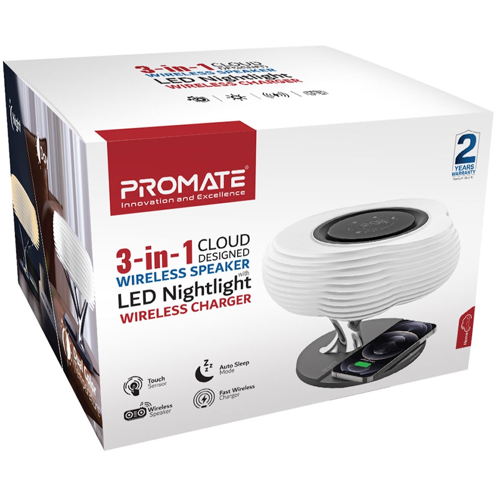 Incarcator wireless PROMATE HomeCloud, Bluetooth, Boxa wireless, Lampa LED, universal, QI, alb-negru