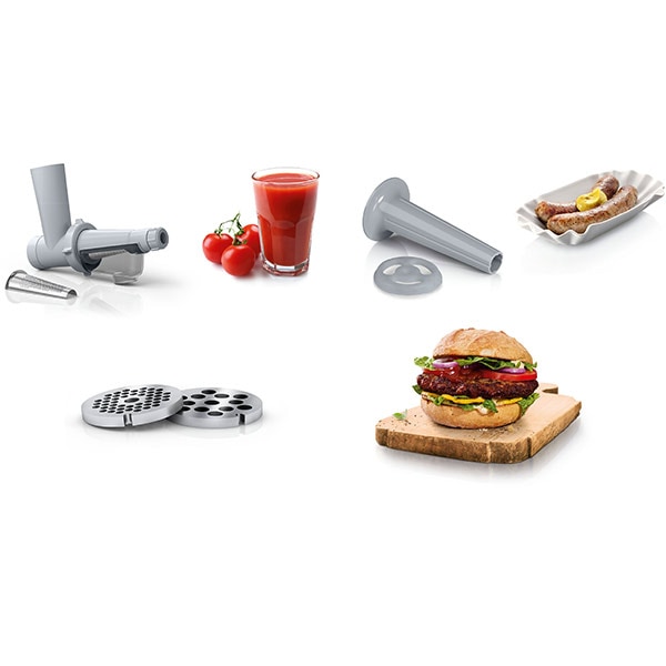 Masina de tocat carne BOSCH SmartPower MFW2515W, 1.7kg/min, 1500W, accesoriu carnati/suc de rosii, alb-gri
