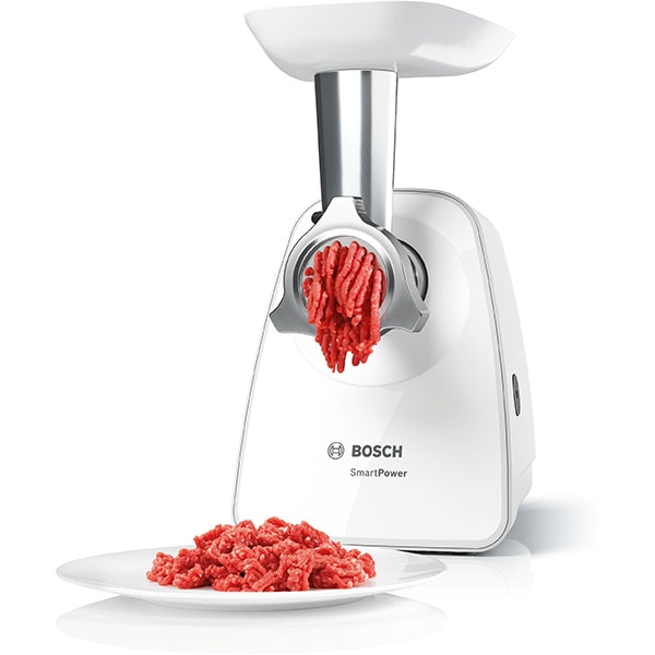 Masina de tocat carne BOSCH SmartPower MFW2515W, 1.7kg/min, 1500W, accesoriu carnati/suc de rosii, alb-gri