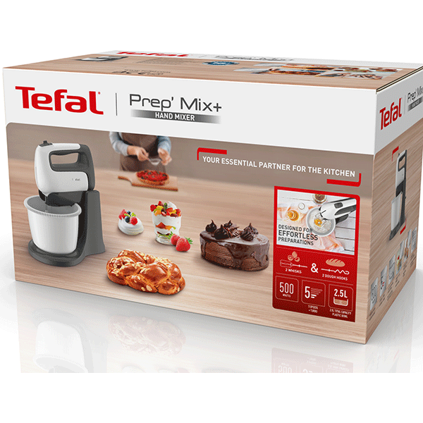 Mixer cu bol TEFAL Prep'Mix+ HT464138, 2.5l, 500W, 5 trepte viteza, alb-gri
