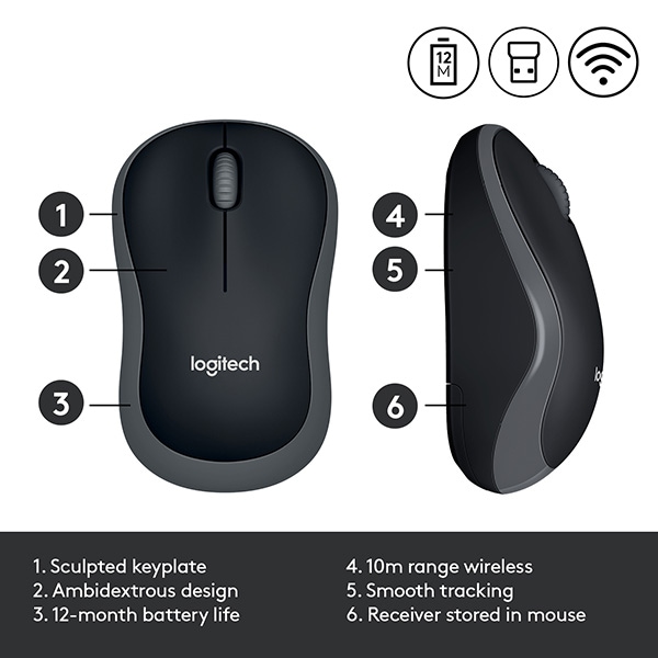 Mouse Wireless LOGITECH M185, 1000 dpi, negru