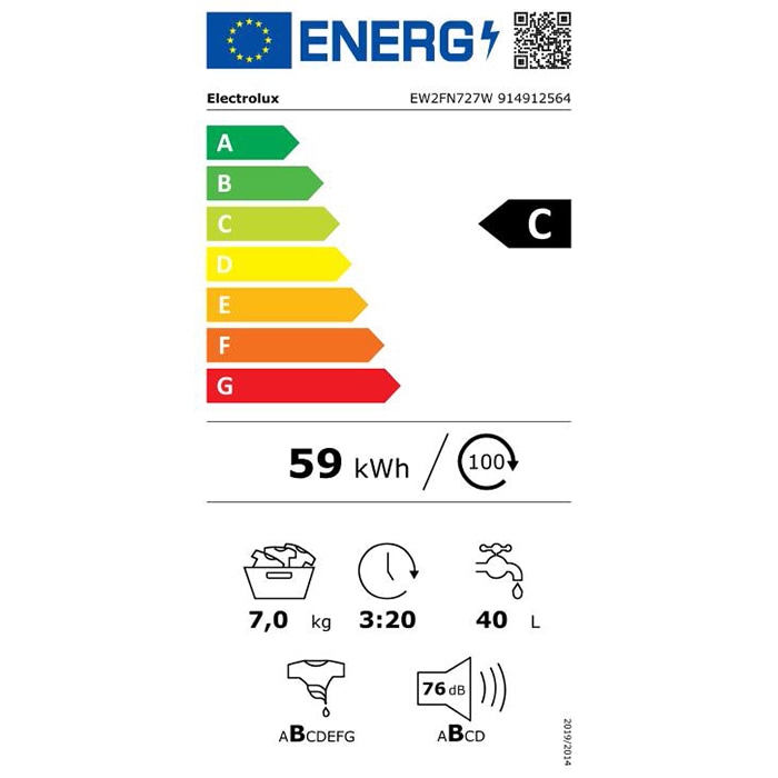 Masina de spalat rufe frontala ELECTROLUX EW2FN727W, 7 kg, 1200rpm, Clasa C, alb