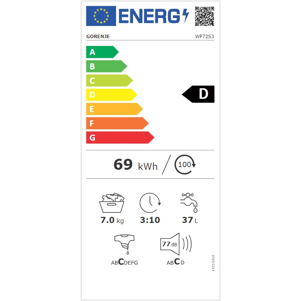 Masina de spalat rufe frontala slim GORENJE WP72S3, WaveActive, 7 kg, 1200rpm, Clasa D, alb