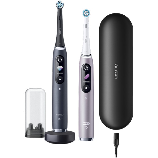 Set 2 Periute de dinti electrice ORAL-B iO9 , Tehnologie Magnetica si Micro-Vibratii, 8800 pulsatii/min, 7 moduri, 2 capete, trusa de calatorie, negru/roz