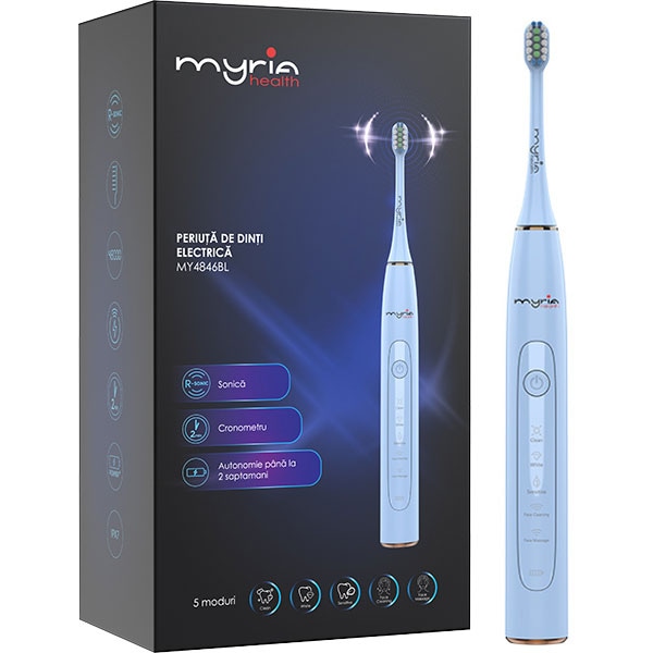 Periuta de dinti electrica MYRIA MY4846BL, 40000 miscari/minut, 5 programe, 3 capete, albastru