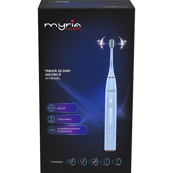 Periuta de dinti electrica MYRIA MY4846BL, 40000 miscari/minut, 5 programe, 3 capete, albastru