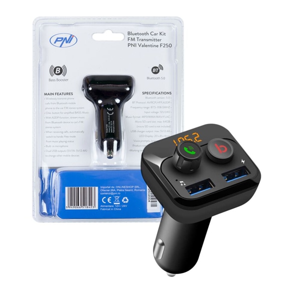 Modulator FM PNI Valentine F250 Bluetooth 5.0, MP3 player, negru
