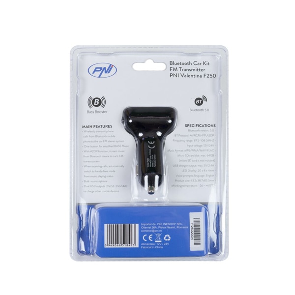 Modulator FM PNI Valentine F250 Bluetooth 5.0, MP3 player, negru