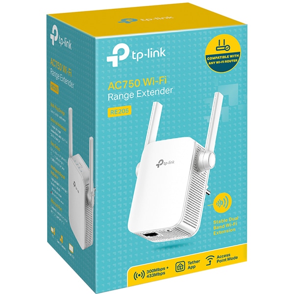 Wireless Range Extender TP-LINK RE205 AC750, Dual Band 300 + 433 Mbps, alb