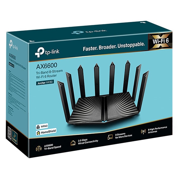 Router Wireless Gigabit TP-LINK Archer AX90 AX6600, Wi-Fi 6, Tri-Band 574 + 1201 + 4804 Mbps, USB 3.0, negru
