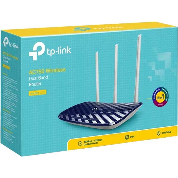 Router Wireless AC750 TP-LINK Archer C20, Dual Band 300 + 433Mbps, WAN, LAN, albastru
