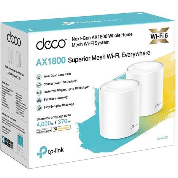 Sistem Wireless Mesh TP-LINK Deco X20, Wi-Fi 6, Dual Band 574 + 1201 Mbps, 2 buc, alb