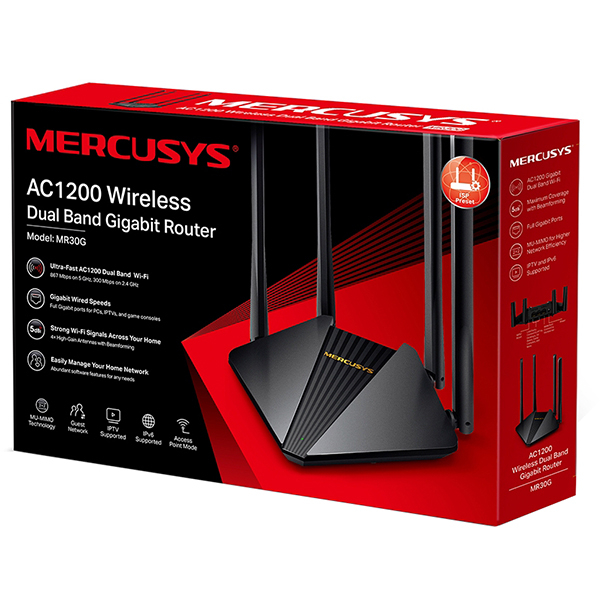 Router Wireless Gigabit MERCUSYS MR30G AC1200, Dual-Band 300 + 867 Mbps, negru