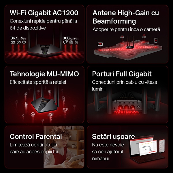 Router Wireless Gigabit MERCUSYS MR30G AC1200, Dual-Band 300 + 867 Mbps, negru