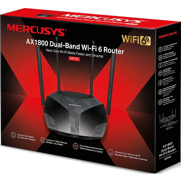 Router Wireless Gigabit MERCUSYS AX1800 MR70X, Wi-Fi 6, Dual-Band 574 + 1201 Mbps, negru
