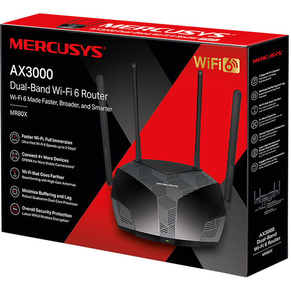 Router Wireless Gigabit MERCUSYS MR80X AX3000, WI-Fi 6, Dual-Band 574 + 2402 Mbps, negru