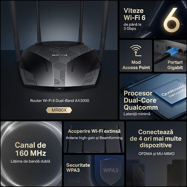 Router Wireless Gigabit MERCUSYS MR80X AX3000, WI-Fi 6, Dual-Band 574 + 2402 Mbps, negru
