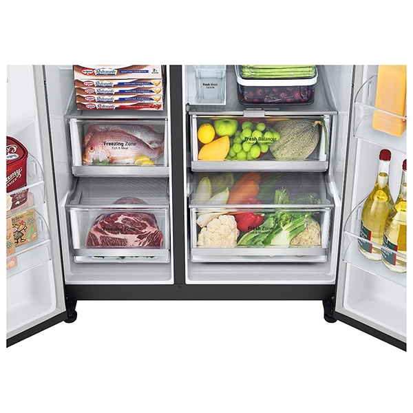 Side by Side LG GSJV91MCAE, Total No Frost, 635 l, H 179 cm, Clasa E, Dozator apa UVnano, DoorCooling+, ThinQ, negru