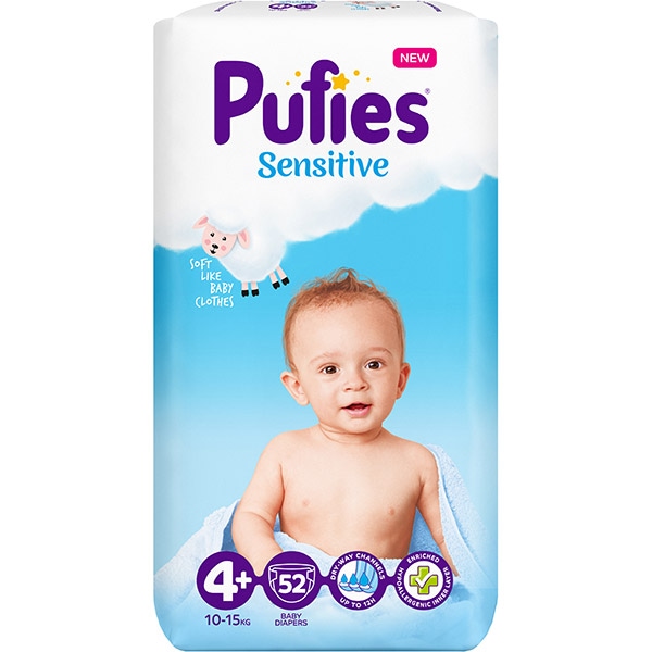 Scutece PUFIES Sensitive nr 4+, Unisex, 10-15 kg, 52 buc