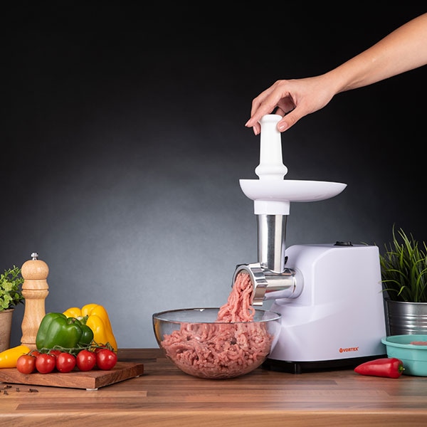 Masina de tocat carne VORTEX VO4019, 0.8kg/min, 1300W, accesoriu carnati, alb