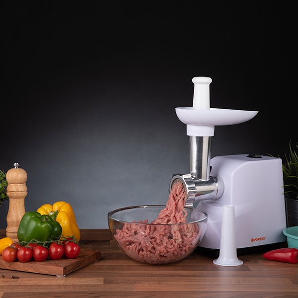 Masina de tocat carne VORTEX VO4019, 0.8kg/min, 1300W, accesoriu carnati, alb