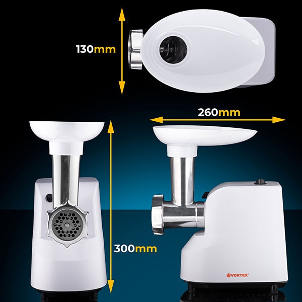 Masina de tocat carne VORTEX VO4019, 0.8kg/min, 1300W, accesoriu carnati, alb