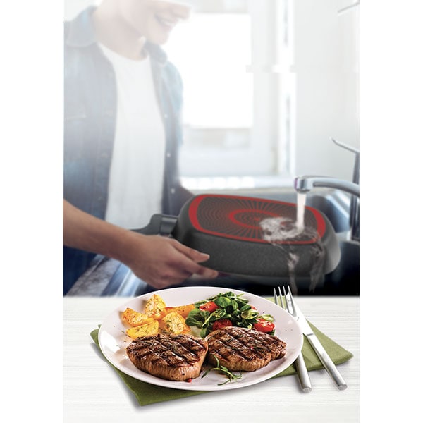 Tigaie grill TEFAL Simply Clean B5674053, 26x26cm, aluminiu, Thermo Signal, negru