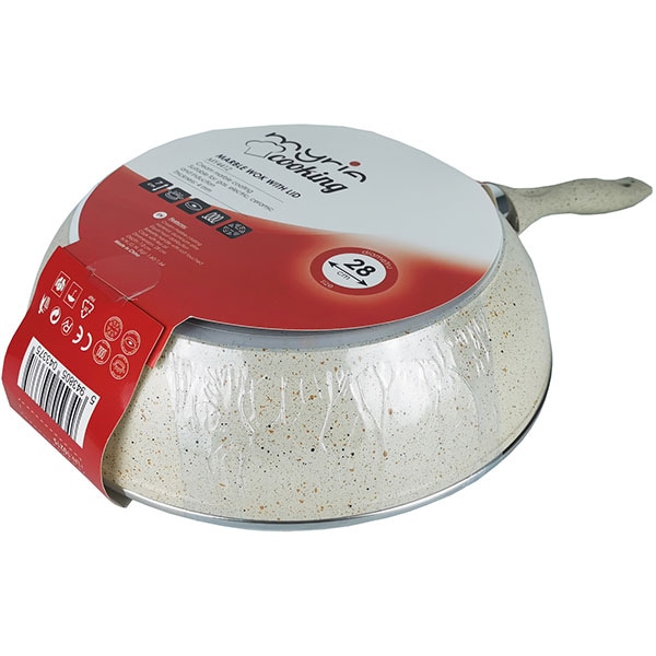Tigaie Wok marmorat MYRIA MY4412, 28cm, aliaj de aluminiu, crem