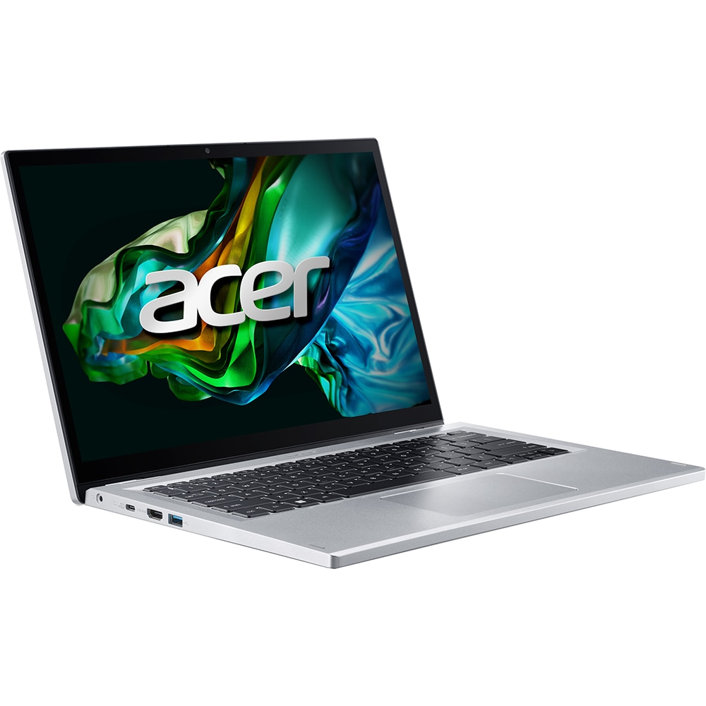 Laptop 2 in 1 ACER Aspire 3 Spin 14 A3SP14-31PT-336C, Intel Core i3-N305 pana la 3.8GHz, 14" WUXGA Touch, 8GB, SSD 512GB, Intel UHD Graphics, Windows 11 Home, Pure Silver