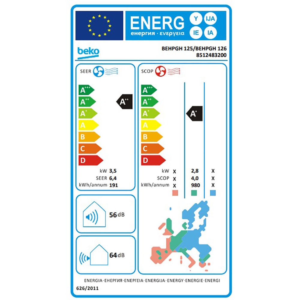 Aer conditionat BEKO BEHPGH125,12000 BTU, A++/A+, Wi-Fi, Functie Incalzire, Inverter, kit instalare inclus, alb