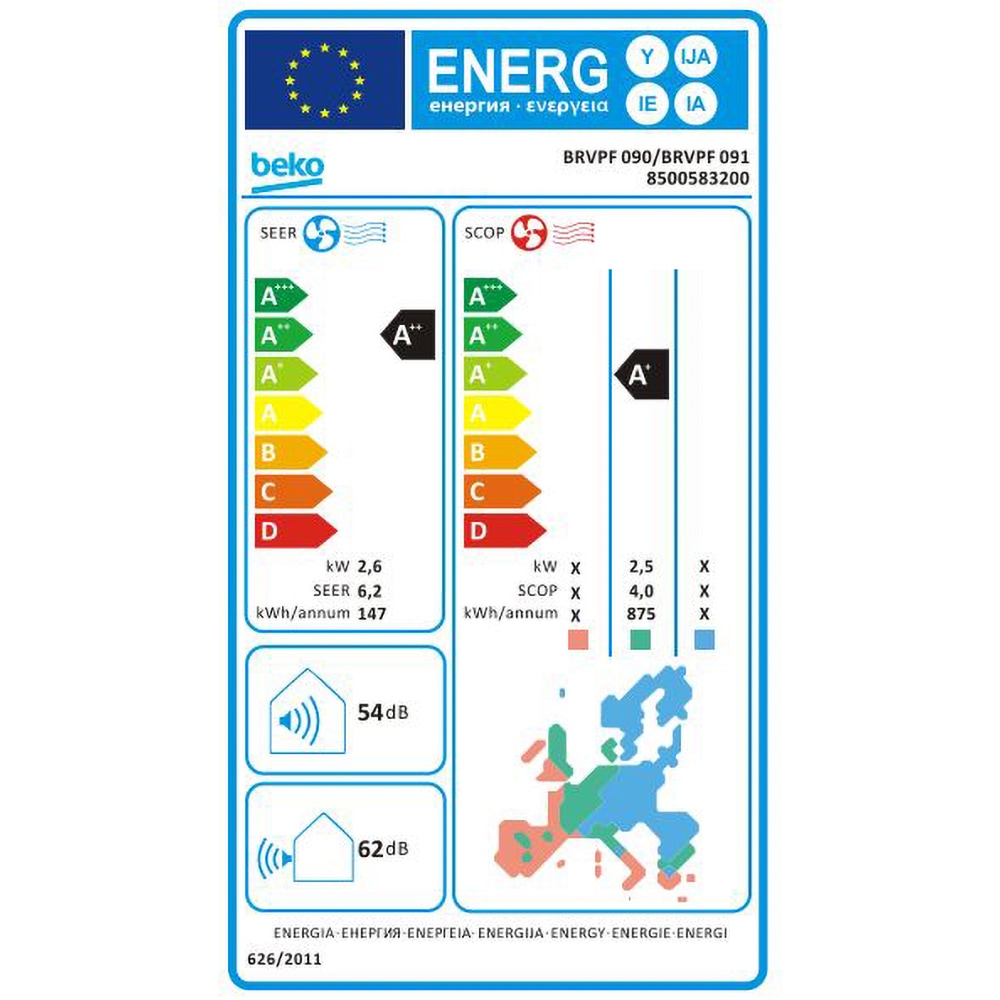 Aer conditionat BEKO BRVPF090, 9000 BTU, A++/A+, Functie Incalzire, Inverter, kit instalare inclus, alb