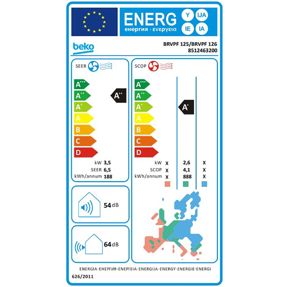 Aer conditionat BEKO BRVPF125, 12000 BTU, A++/A+, Functie Incalzire, Inverter, kit instalare inclus, alb