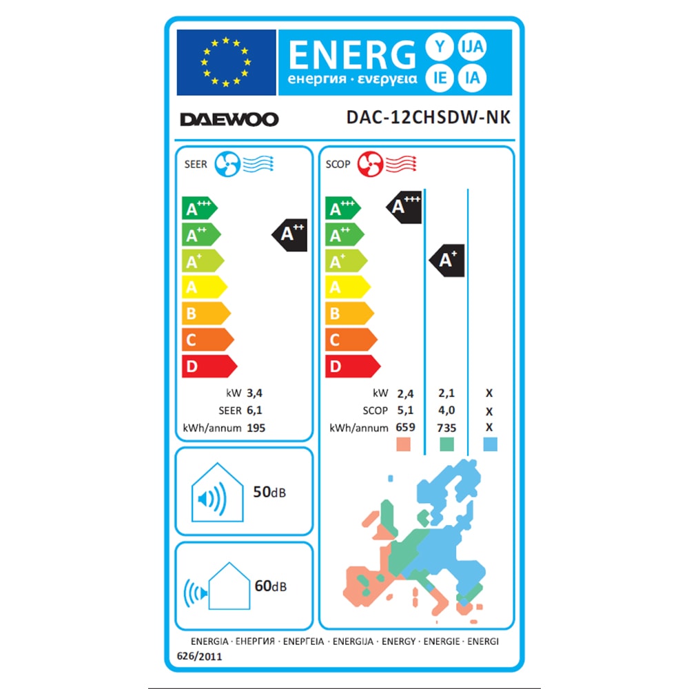 Aer conditionat DAEWOO DAC-12CHSDW-NK, A++/A+++, 12000 BTU, Wi-Fi, Functie Incalzire, Inverter, Afisaj, alb