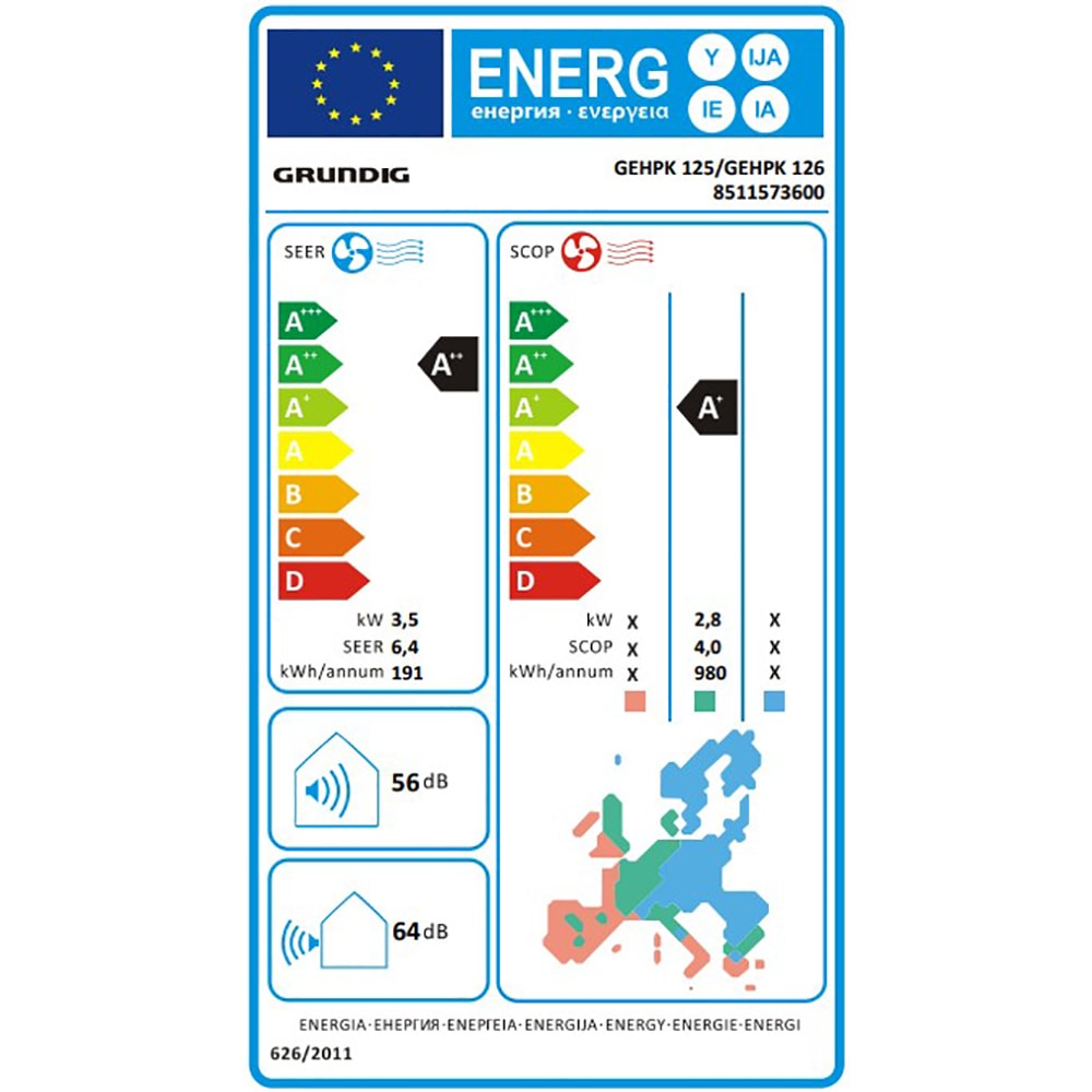 Aer conditionat GRUNDIG GEHPK125,12000 BTU, A++/A+, Wi-Fi, Functie Incalzire, Inverter, kit instalare inclus, alb