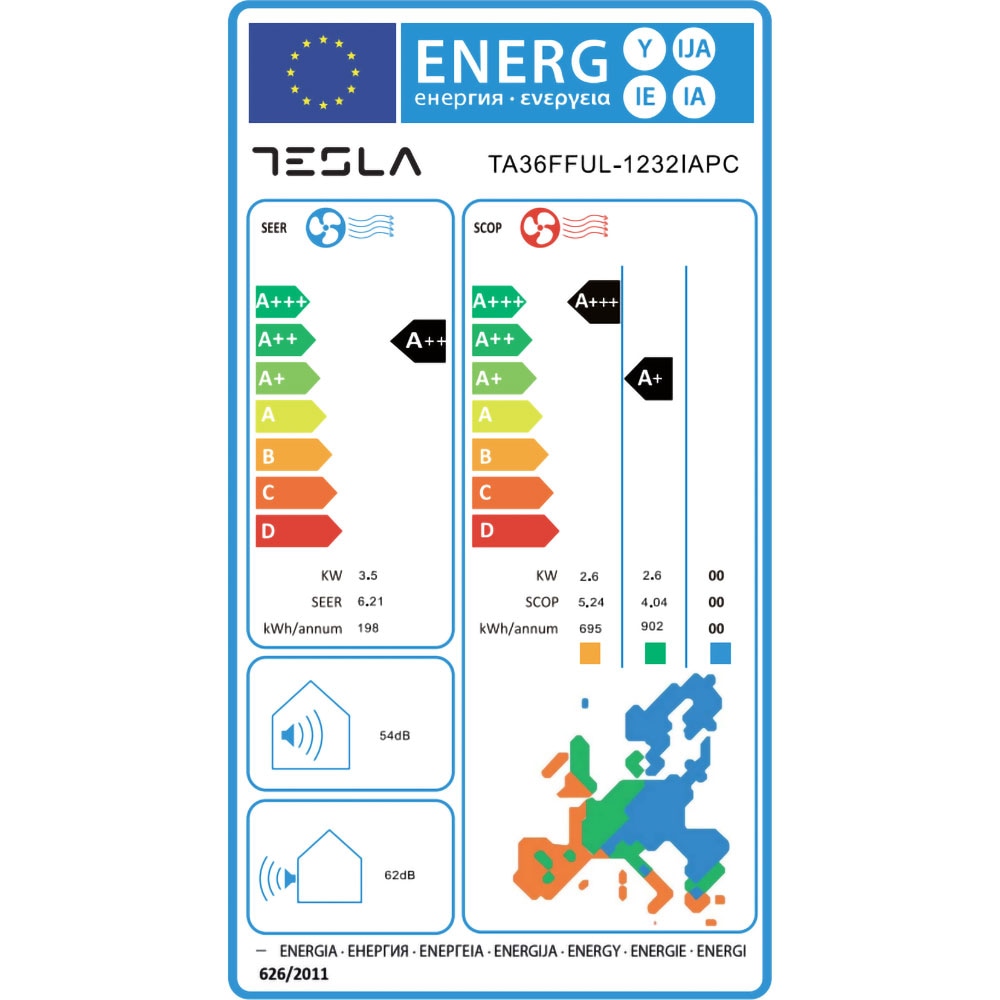 Aer conditionat TESLA TA36FFUL-1232IAPC, 12000 BTU, A++/A+, Functie Incalzire, Inverter, Afisaj, kit instalare inclus, alb