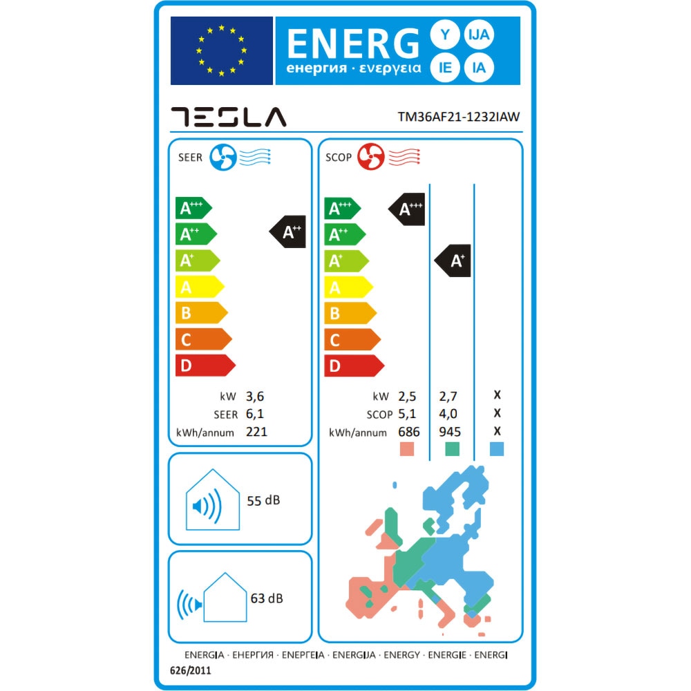 Eticheta energetica Aer conditionat TESLA TM36AF21-1232IAW, 12000 BTU, A++/A+, Functie Incalzire, Inverter, Wi-Fi, alb
