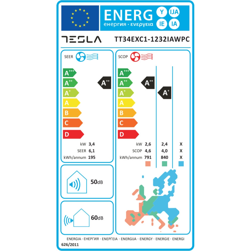 Aer conditionat TESLA, 12000 BTU, A++/A+, Functie Incalzire, Inverter, Wi-Fi, kit instalare inclus, alb