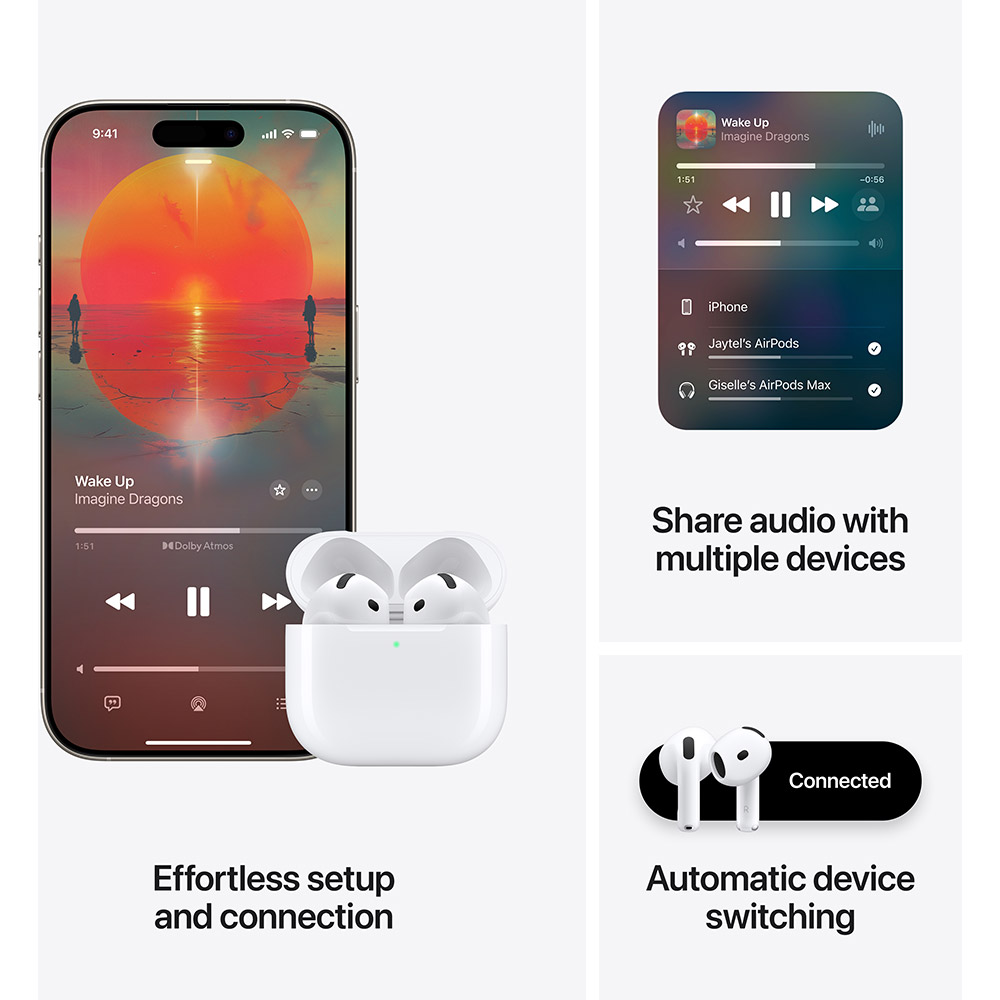 Casti APPLE AirPods 4, True Wireless, Bluetooth, In-Ear, Microfon, Noise Cancelling, Carcasa Incarcare USB-C, alb
