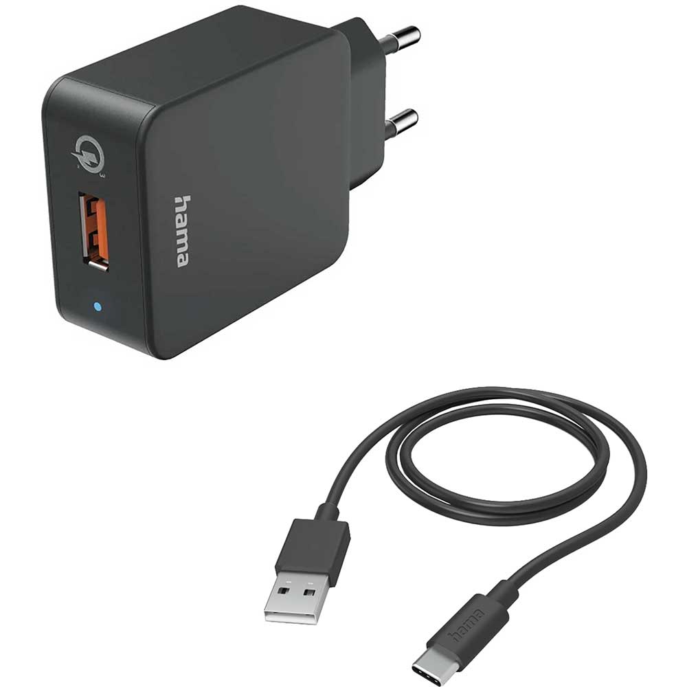 Incarcator retea HAMA 201625, 1xUSB-A, Quick Charge 3.0, 19,5W, Cablu USB-A - USB-C, negru