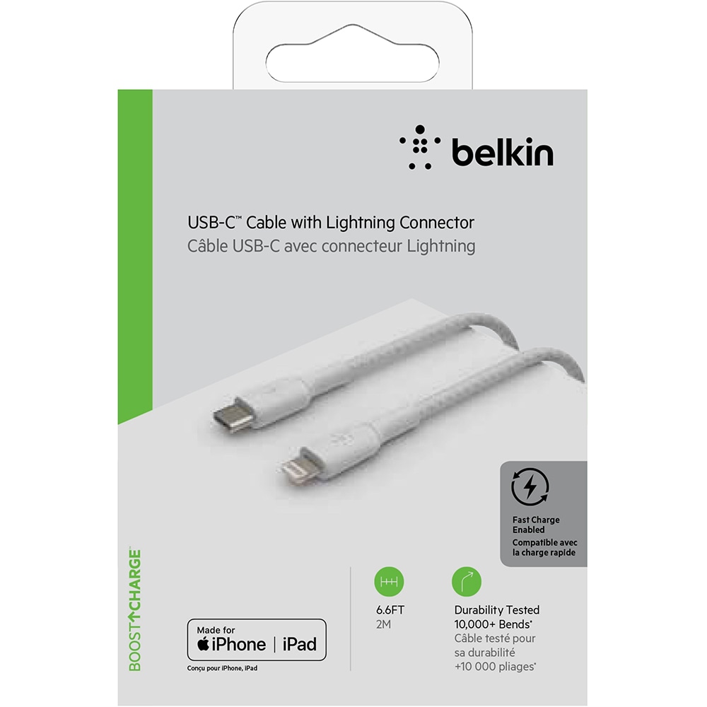 Cablu de date BELKIN Boost Charge CAA004bt2MWH, USB-C - Lightning, 2m, alb