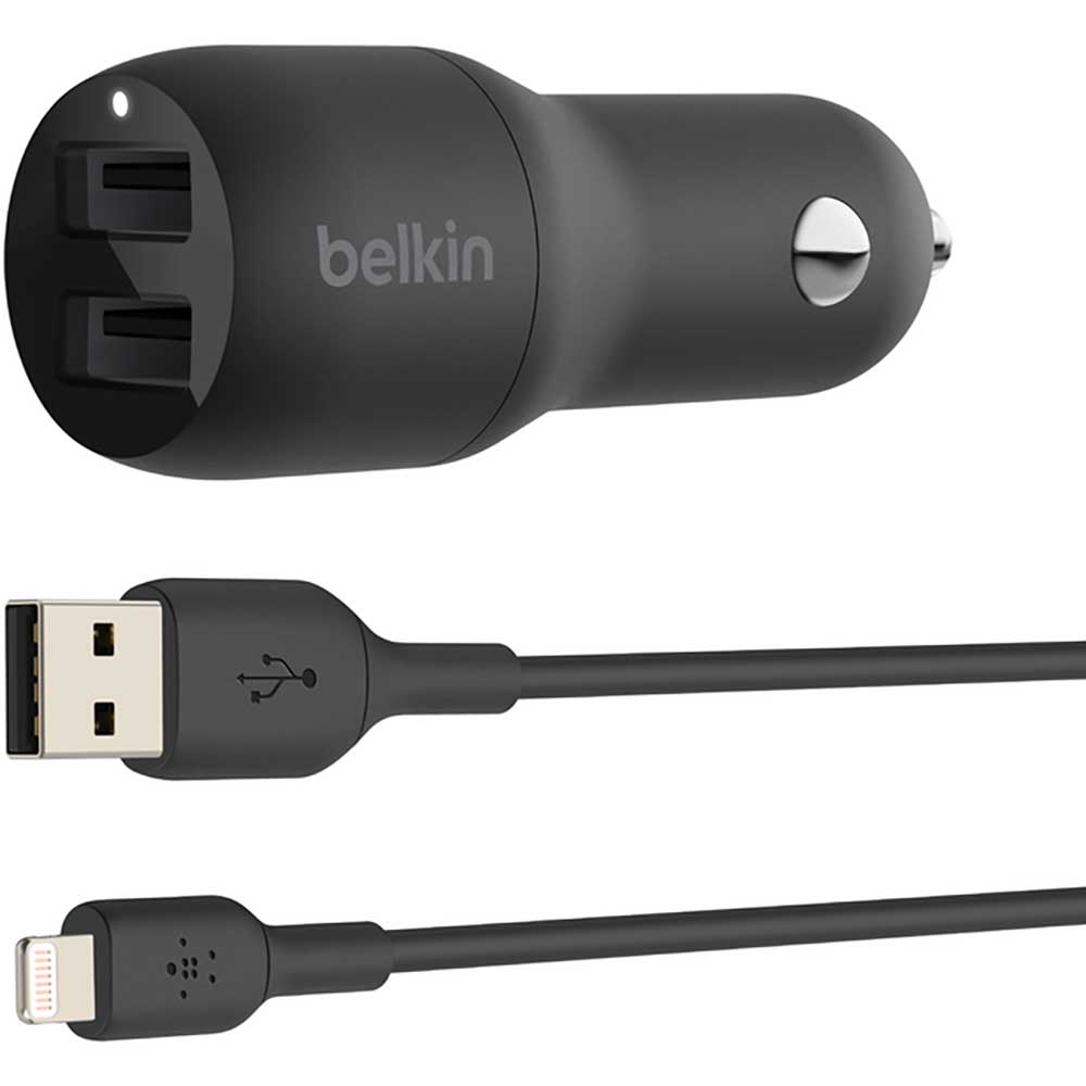 Incarcator auto BELKIN CCD001bt1MBK, 2xUSB-A 24W, Cablu Lightning, negru