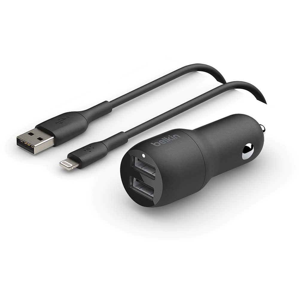 Incarcator auto BELKIN CCD001bt1MBK, 2xUSB-A 24W, Cablu Lightning, negru