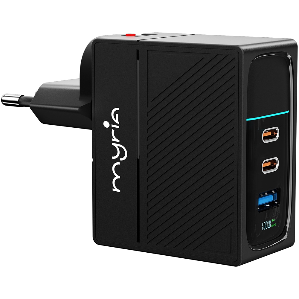 Incarcator retea MYRIA MY9098, 1x USB-A, 2x USB-C, Power Delivery (PD) 100W, negru