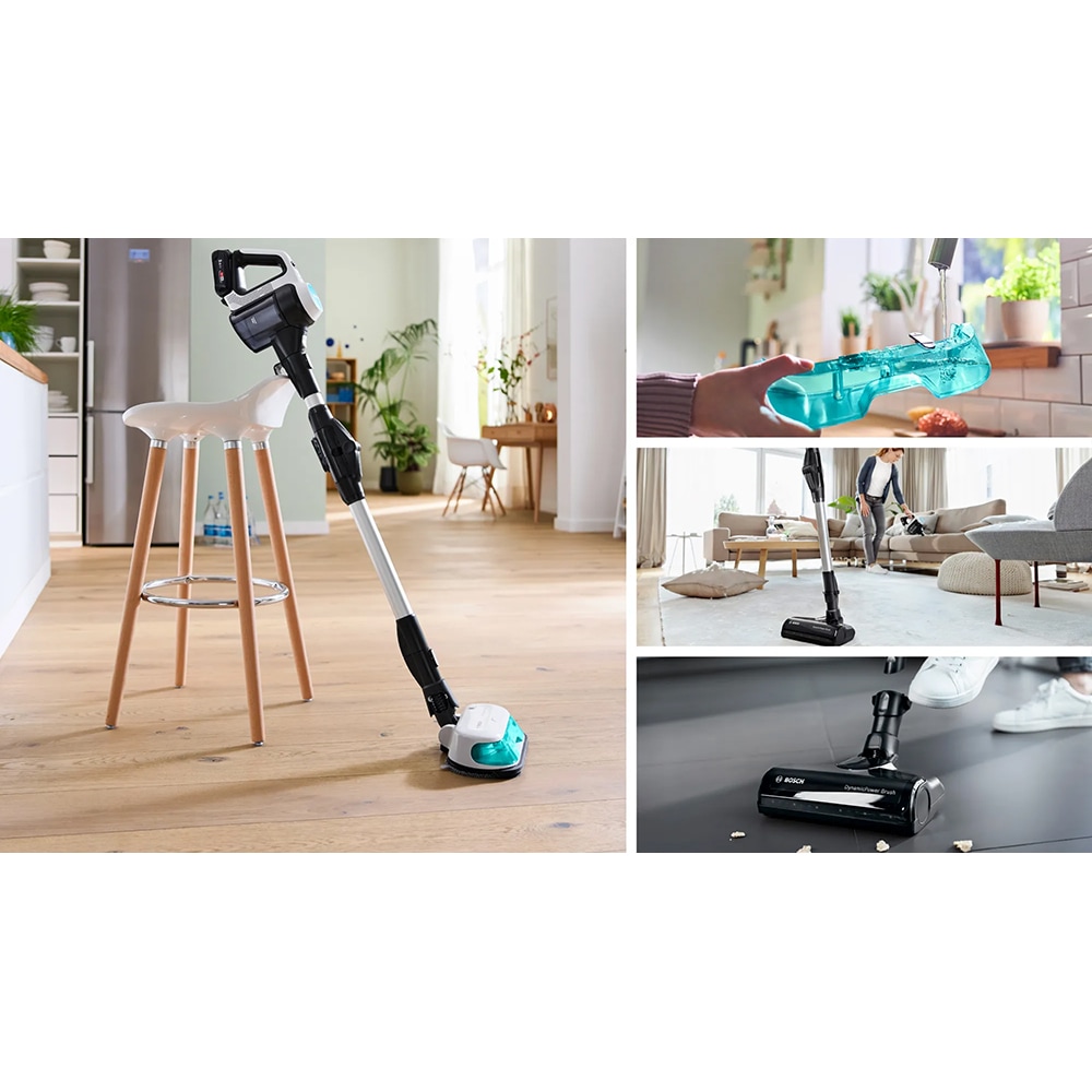 Aspirator vertical 2in1 BOSCH Unlimited 7 ProHygienic Aqua BCS71HYG3, 0.3l, 18V, autonomie max 40 min, alb-negru