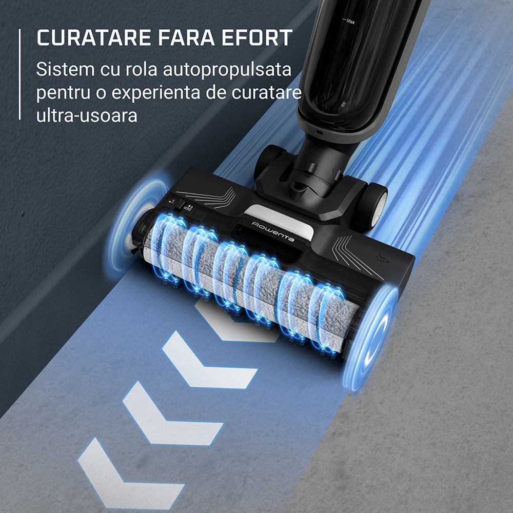 Aspirator vertical cu spalare ROWENTA X-Clean 4 GZ5035WO, 0.73l, 22V, autonomie max 50 min, functie autocuratare, negru