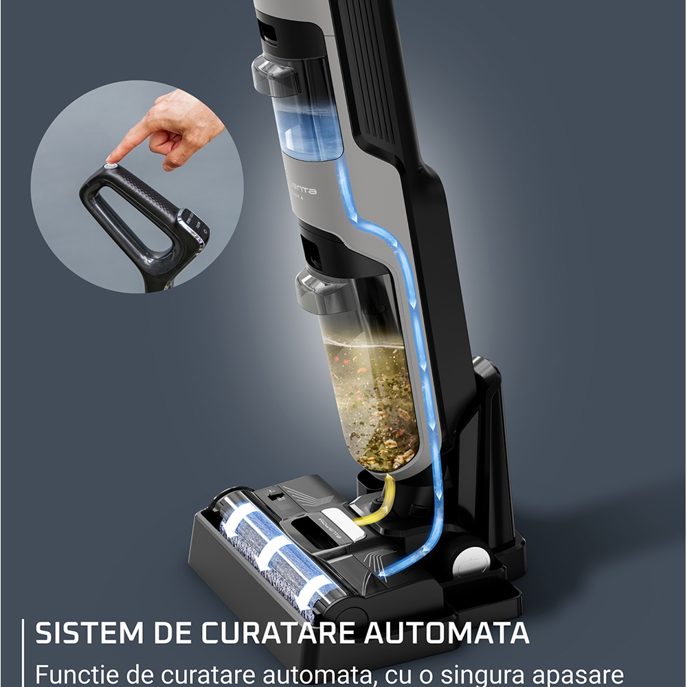 Aspirator vertical cu spalare ROWENTA X-Clean 4 GZ5035WO, 0.73l, 22V, autonomie max 50 min, functie autocuratare, negru